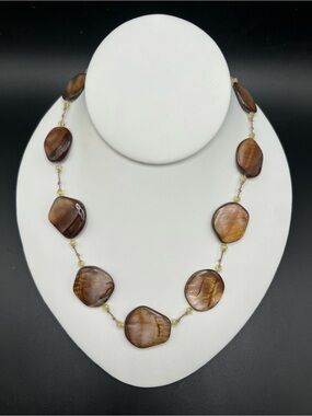 Brown Mother of Pearl Shell Nugget Necklace Faceted Crystal Beads